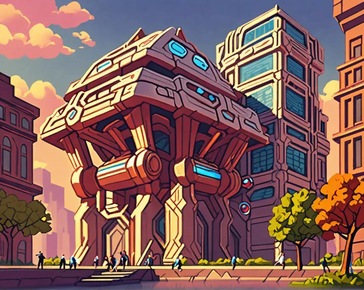 A artificial and sci-fi monument building situated next to a grand river. Many terran tourists visit the site of intricate and ornamented architecture., a digital illustration.