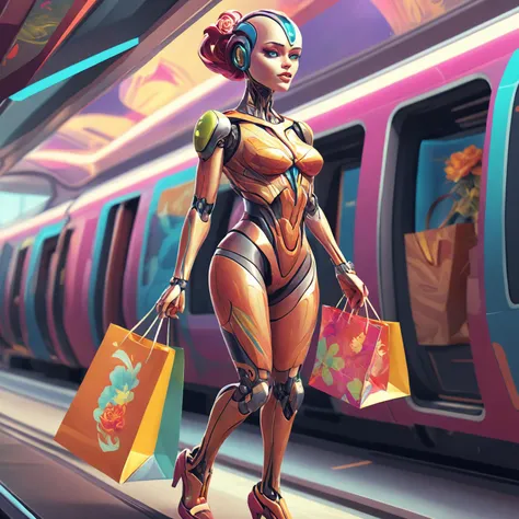 A biomechanical android commuter standing at the futuristic Sci-Fi train stop waiting impatiently. Shopping bags with colorful printed commercials full of clothes stand scattered around them. Their body is covered with floral patterns., a digital illustration.