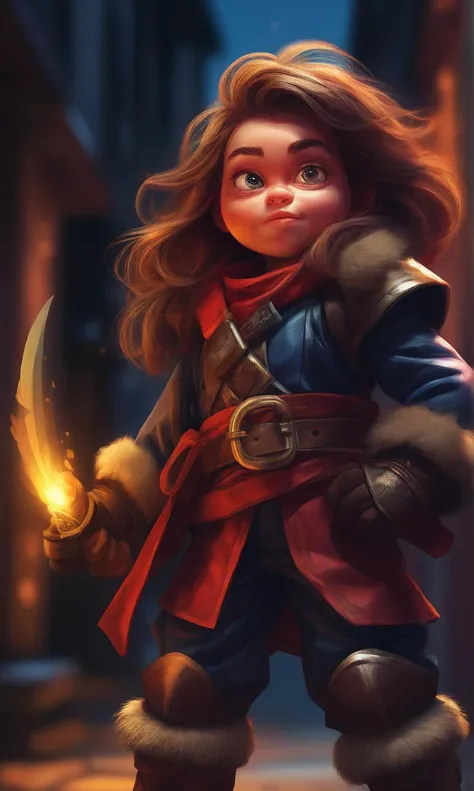 a female (dwarf:1.2) pirate wearing light Flame Red Cobalt Blue leather armor, hiding in the shadows of a dark alley, the ready sharp blade magically shimmering in the moonlight, wearing pants, heavy boots, a fur coat, belts buckles, and elbow long gloves., a digital anime illustration.