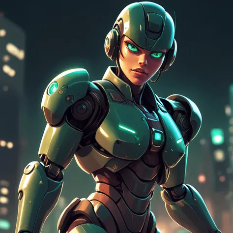 full-body portrait, android law enforcer, protective gear, Emerald, nighttime, cityscape, low angle shot, intimidating, dominant, dynamic posture, cinematic composition, perfect face, perfect hands, frown, cybernetic implants, robotic bodyparts, hinge, joints, a digital anime illustration.