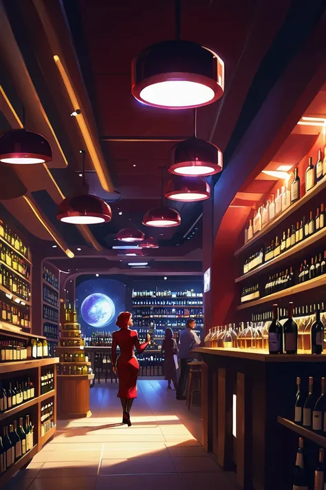 scifi, warmly lit interior, in a Open wine shop<lora:EnvyBetterHiresFixXL01:0:hr=1><lora:EnvyDigitalIllustrationXL01:1>