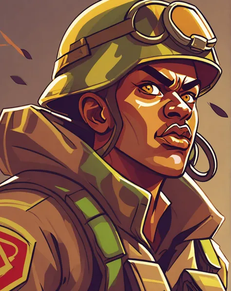 A portrait of an rebel marine rising above a futuristic battlefield, mud covers the Cool camouflage uniform and light protective gear, fearful facial expression, smoke and dust, a digital comic illustration.