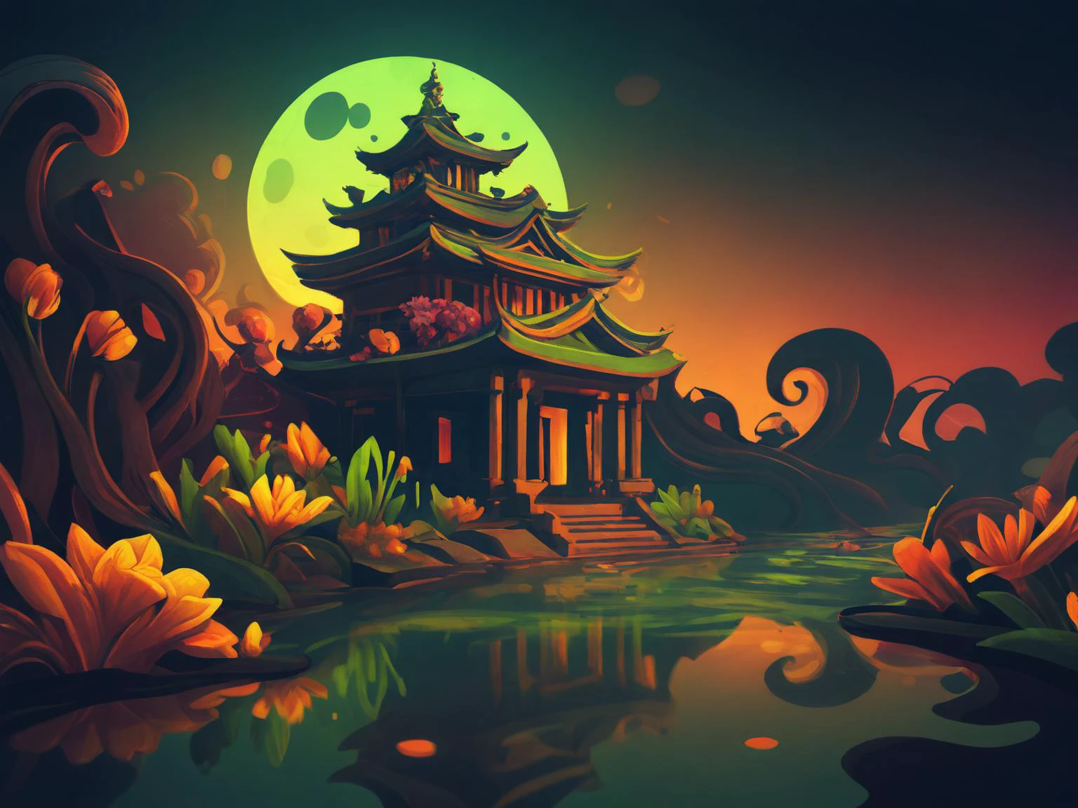 An ancient temple overgrown by Acid Green Vibrant flowers at night next to a wavy stream, the distorted reflection showing in the water, the moon casting eery shadows on the scene, a digital anime illustration.