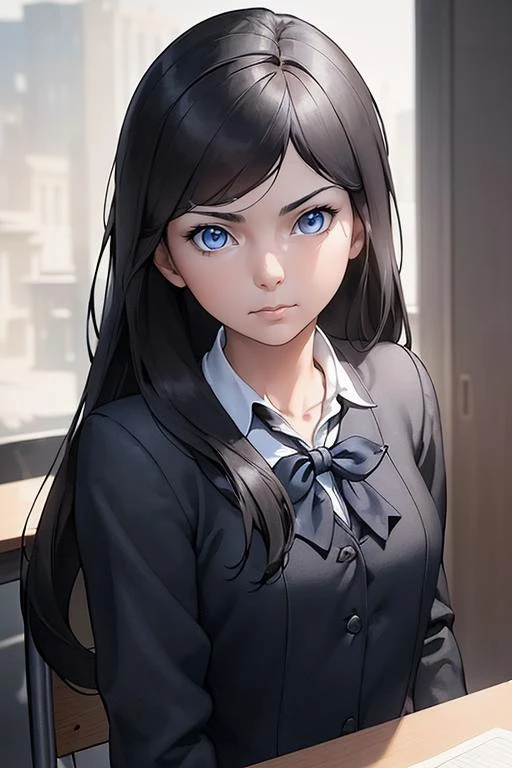 (masterpiece, best quality:1.2), epic realistic, polinavk, 1girl, black hair, long hair, blue eyes, school uniform, looking at viewer, school, sitting by the table,<lora:Polina_vk:0.55>,, art by greg rutkowski and artgerm, soft cinematic light, adobe lightroom, photolab, hdr, intricate, highly detailed, (depth of field:1.4)