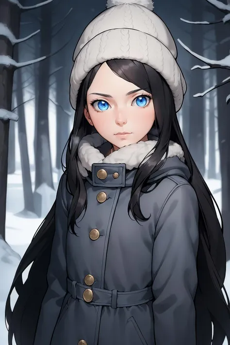 (masterpiece, best quality:1.2), epic realistic, polinavk, 1girl, black hair, long hair, blue eyes, serious, blizzard, winter,coat, a winter cap, sweater,looking at sky, night, forest, sky, moon, <lora:Polina_vk:0.55>,, art by greg rutkowski and artgerm, soft cinematic light, adobe lightroom, photolab, hdr, intricate, highly detailed, (depth of field:1.4)