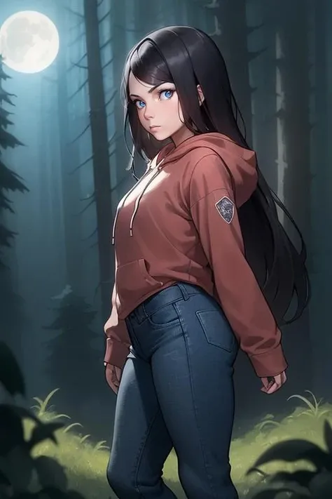 (masterpiece, best quality:1.2), epic realistic, polinavk, 1girl, black hair, long hair, blue eyes, serious, (synthwave:1.2), hoodie, jeans,looking at viewer,(forest:1.2), night, sky, moon, <lora:Polina_vk:0.55>,, art by greg rutkowski and artgerm, soft cinematic light, adobe lightroom, photolab, hdr, intricate, highly detailed, (depth of field:1.4)