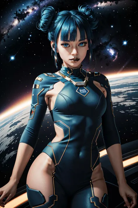 ( masterpiece, best quality, highres:1.3)
<lora:CyberCheriDream:0.8>
CyberCheriDream, 1girl, solo, blue eyes, double bun, on space station, stars and space background