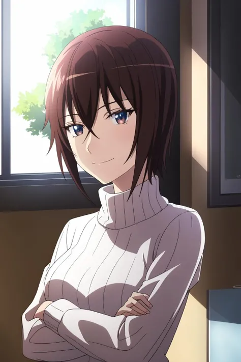 ((best quality)),((highly detailed)),masterpiece,absurdres,detailed face,beautiful face,(detailed eyes, deep eyes),(1girl),((dynamic pose)), <lora:Narukov1:0.8>,Naruko, 1girl, solo, crossed arms, brown eyes, brown hair, short hair, smile, calendar (object), upper body, long sleeves, sweater, turtleneck, casual, closed mouth, bangs, indoors, hair between eyes, looking at viewer, alternate costume, window, standing