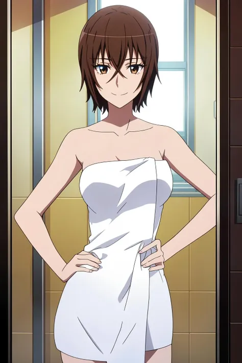 ((best quality)),((highly detailed)),masterpiece,absurdres,detailed face,beautiful face,(detailed eyes, deep eyes),(1girl), <lora:Narukov1:0.7>,Naruko, 1girl, solo, brown hair, short hair, smile, bare shoulders, bathroom,nude, wearing towel, collarbone, brown eyes, upper body, hand on hip, (leaning toward viewer:1.3), ((cowboy shot)),