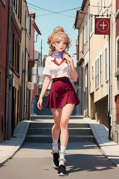 (masterpiece, best quality), 1girl, Purple Half-Up Braided Top Knot with Scarf, Size A breasts, Strawberry Blonde Balayage Henley top and Flared corduroy skirt with a retro look, socks, Standing with one foot on a step, looking ahead., <lyco:noco:1.0>