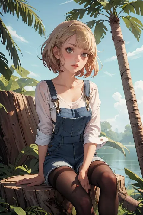 (masterpiece, best quality), 1girl, Charcoal Tousled Pixie Cut with Side Bangs, Size B breasts, Sandy brown Puff-sleeve blouse and Denim overalls with adjustable straps, thighband pantyhose, Sitting on a tree stump, looking natural, <lyco:noco:1.0>