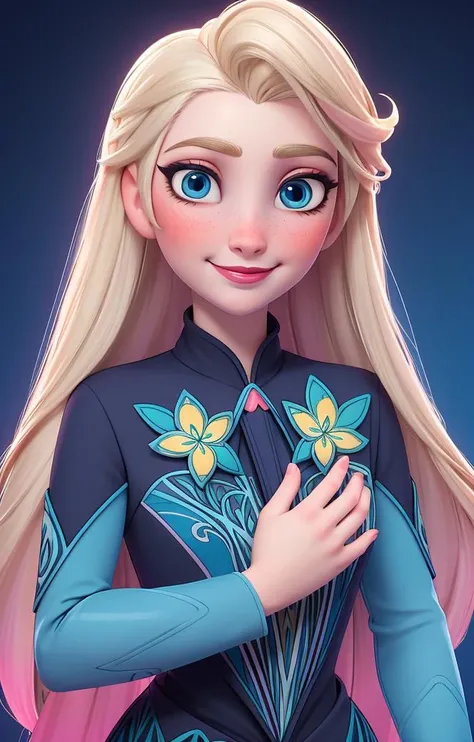 <lora:Mexican_Cultural_Art:1> Symmetrical pattern design, vibrant color palette with deep blues, yellows, pinks, and greens, floral motifs, dress, girl, Blonde hair, blue eyes, pale skin, red lipstick, open-mouthed smile, raised eyebrows, relaxed expression, <lora:Elsa:1>, black dress