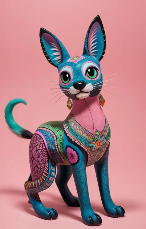 <lora:Mexican_Cultural_Art:1> A bright, hand-painted alebrije sculpture, pink background enhancing the colors, intricate patterns and multiple colors used throughout, combination of animal features creating a whimsical creature, playful expression on the creature's face, fine details in the painting indicating craftsmanship, mix of floral, geometric, and curvilinear motifs on the body, Mexican folk art tradition with a contemporary and lively interpretation