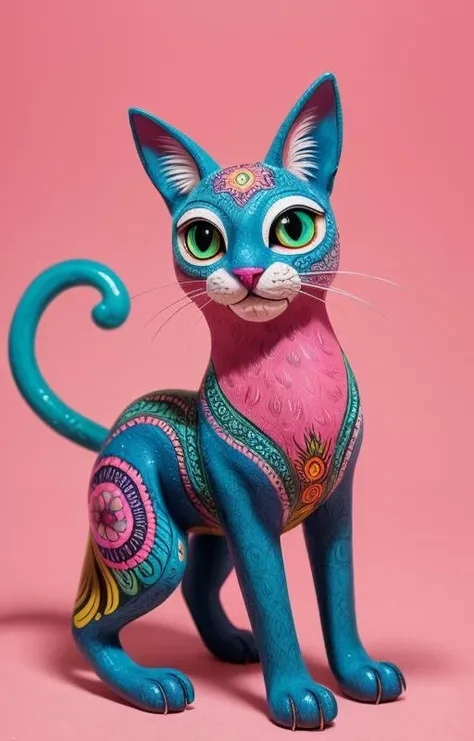 <lora:Mexican_Cultural_Art:1> A bright, hand-painted alebrije sculpture, pink background enhancing the colors, intricate patterns and multiple colors used throughout, combination of animal features creating a whimsical creature, playful expression on the creature's face, fine details in the painting indicating craftsmanship, mix of floral, geometric, and curvilinear motifs on the body, Mexican folk art tradition with a contemporary and lively interpretation, cat, cameleon