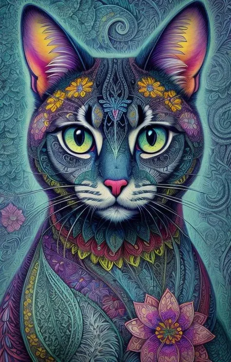 <lora:Mexican_Cultural_Art:1> Stylized animal representation, likely a cat, filled with intricate patterns and flowers, psychedelic color scheme, part of the zentangle art genre, emphasis on decorative details, single eye portrayed with a prominent blue iris, whimsical and artistic interpretation of an animal portrait, enhancing color pop