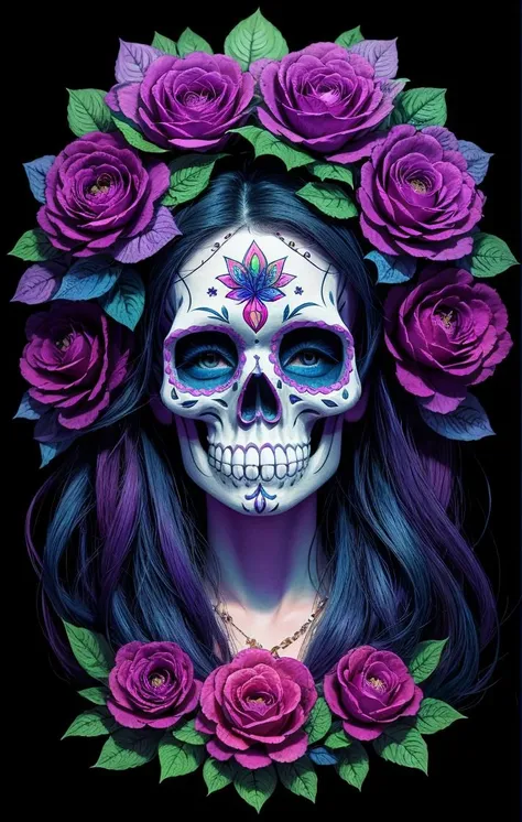 "[Beautiful Skeleton Queen] Woman made of unique colored flower tattooed bones, mysticism + coherent, mist, fog, finest drawing, macro, clear contours, surrealism volumetric soft light and very intense dark black background”