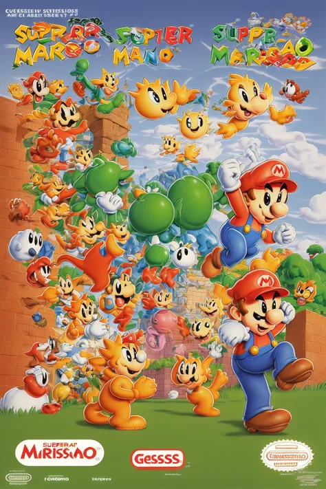 super mario, cartoon, illustration, detailed face, nintendo, nes cover art, advert, greg martin style text, highly detailed, cute, nostalgic, masterpiece, best quality, box art, retro artstyle, logo, English text, 1980s /(style/), cover, copyright name, <lora:NesBoxArtV1.1:1> <lyco:greg martin style_lokr_v1.0b:1>