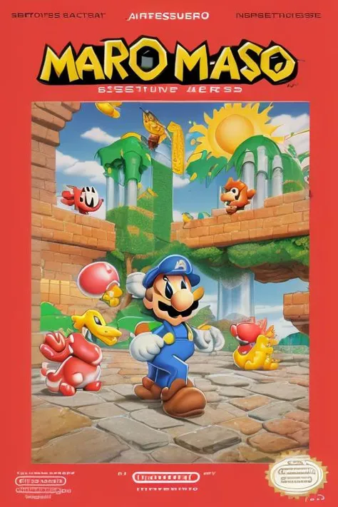 super mario, cartoon, illustration, detailed face, nintendo, nes cover art, advert, greg martin style text, highly detailed, cute, nostalgic, masterpiece, best quality, box art, retro artstyle, logo, English text, 1980s /(style/), cover, copyright name, <lora:NesBoxArtV1.1:1> <lyco:greg martin style_lokr_v1.0b:1>