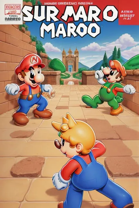 super mario, cartoon, illustration, detailed face, nintendo, nes cover art, advert, masterpiece, greg martin style text, highly detailed, cute, nostalgic, <lyco:greg martin style_lokr_v1.0b:1>