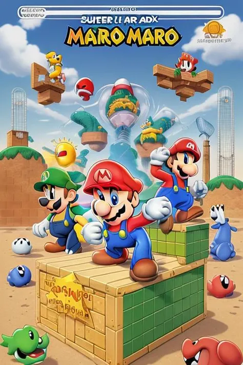 super mario, cartoon, illustration, detailed face, nintendo, nes box art, advert, masterpiece, greg martin style text, highly detailed, cute, nostalgic, <lyco:greg martin style_lokr_v1.0b:1>