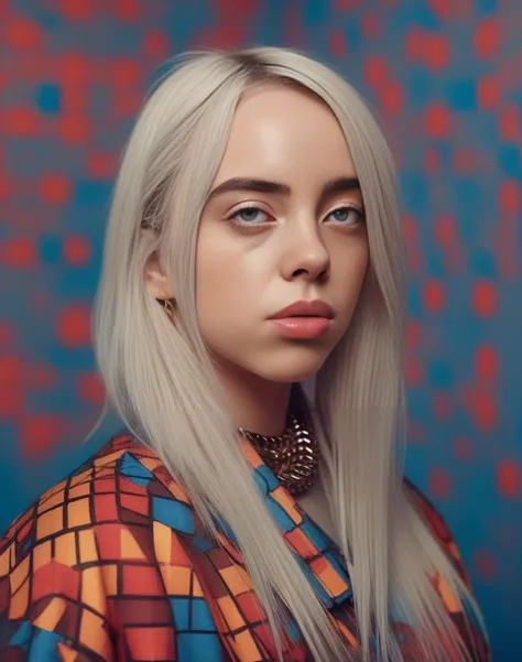 BillieEilish,<lora:BillieEilishSDXL:1>, cinematic photo (full-body:1.85) A futuristic portrait of a beautiful young woman on a simple paper studio background with a strong colourful intricate circular geometrical pattern, geometrical makeup, (highly detailed skin texture:1.6), pores, high contrast . 35mm photograph, film, bokeh, professional, 4k, highly detailed