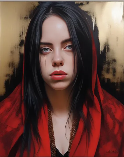 BillieEilish,<lora:BillieEilishSDXL:1>breathtaking portrait of a gorgeous girl, sultry, red scarf, dark gold and black, gossamer fabrics, jagged edges, eye-catching detail, insanely intricate, vibrant light and shadow , beauty, paintings on panel, textured background, captivating, stencil art, style of oil painting, modern ink, watercolor , brush strokes, negative white space