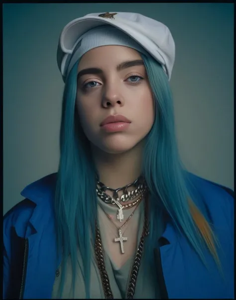 BillieEilish,<lora:BillieEilishSDXL:1>,Realistic photo of a beautiful woman, 1girl, solo, long hair, hat, jewelry, blue hair, jacket, multicolored hair, necklace, bracelet, lips, realistic, fashion, soft lighting, professional Photography, Photorealistic, detailed, RAW, analog, sharp focus, 8k, HD, DSLR, high quality, Fujifilm XT3, film grain, award winning, masterpiece