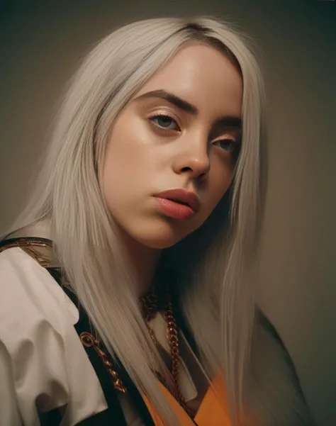 BillieEilish, (art by Ary Scheffer:0.9) , photograph, low angle shot of a Bewitching thick Girl, wearing Prince costume, Summer, Tinycore, waning light, film grain, dslr, Zoom lens, <lora:BillieEilishSDXL:1>
