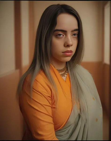 BillieEilish,<lora:BillieEilishSDXL:1>,woman wearing saree, background blur, portrait