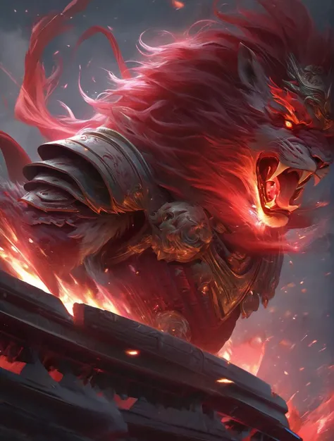 absolutelly epic and ominous masked lion,animal,protected by raging vortex of glowing shards of destruction,heavy armor,cinematic,trending,awardwinning,8k,bldmoon,cloudy sky,oriental,full moon,red glowing eyes,<lora:bloodmoonXL-step00000250:0.6>,zhelong zhu,aleksi briclot,ryan hewett,octane render,unreal engine 5,ray tracing,trending on artstation,splash art,official art