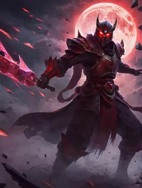 absolutelly epic and ominous masked mysterious wizard,protected by raging vortex of glowing shards of destruction,heavy armor ,cinematic,trending,awardwinning,8k,bldmoon,cloudy sky,oriental,full moon,red glowing eyes,<lora:bloodmoonXL-step00000250:0.7>,zhelong zhu,aleksi briclot,ryan hewett