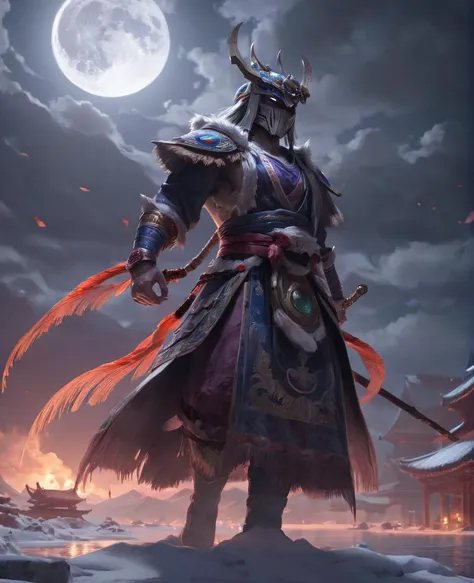 <lora:bloodmoonXL-step00000250:0.9>,bldmoon,shaman,On Thin Ice,ominous full moon,cinematic,oriental,realistic,ultra detailed,ray tracing,cloudy sky,octane render,intricate,cinematic,oriental,glowing features,masterpiece,hyper realistic reflections,50nm dof,bokeh,realistic,sharp focus,ultra detailed,8k,uhd,surging power,high resolution,trending on artstation and deviantart,featured,style of __fantasy-artist__ and Yuki Katsura and wuxia fantasy