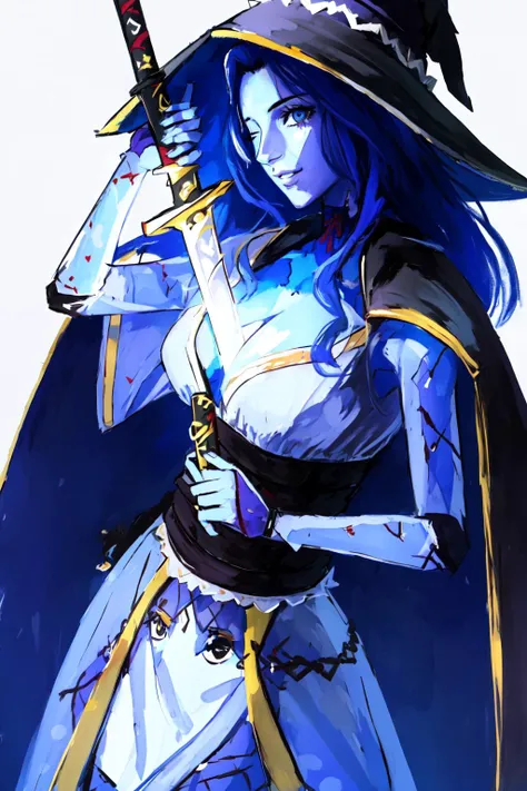 Highly detailed, High Quality, Masterpiece, beautiful, sharp focus, shiny skin, best quality, perfect anatomy:1.4, high detailed, 8k, highres, lineart, sketch, (masterpiece:1.4), (highest quality:1.4), (sharp focus:1.2), (colored:1.3), (digital painting:1.1), 8k wallpaper, (tight gap:1.2), (detailed face and eyes:1.2), (1girl, solo:1.5), (booba sword:1.35), cleavage, <lora:Pos_BoobaSword:0.8>, (Ranni), long hair, looking at viewer, smile, hat, dress, closed mouth, one eye closed, wide sleeves, white dress, witch hat, white headwear, wavy hair, cloak, witch, joints, doll joints, fur cloak, (cracked skin, blue skin, colored skin, 4 arms, extra arms:1.3), <lora:Char_EldenRing_Ranni:0.55>, (close-up:1.2), skistyle, <lora:Style_Nasu:0.85>