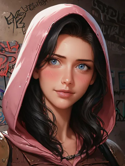 ððð score_9, score_8_up, score_7_up, rating safe, 
cute, sharp, beautiful face, black hair, long hair, pink allure, magical, close-up, 
BREAK
1girl, graffiti, ruin, apocalyptic survivor, ashes, extreme detailed face, (shiny skin:blush:0.7), 
hood, blushing, embarrassed, 
female focus, retro artstyle, best quality, masterpiece, beautiful, aesthetic, slim body, smiling, serious, bright blue eyes, extreme detailed, highest detailed, perfect face, halftone effect, 
concept art, realistic, colorful, complementary colors, 
studio quality, vivid magical colors, 
<lora:Pony_DetailV1.0:0.4>, <lora:Expressive_H-000001:0.4>, <lora:Lunas-NijiJourney-SDXL-B2:0.4>, <lora:sinfully_stylish_SDKL:0.4>, <lora:Lunas-Blackedwear-Concept-SDXL-A1:0.5>,