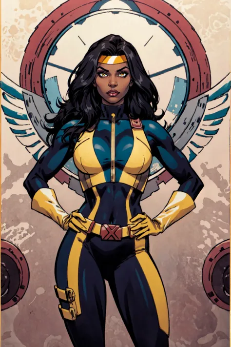 masterpiece, official art, best quality , extremely detailed, dskheroes, 1girl, solo, long hair, large breasts, black hair, gloves, belt, dark skin, dark-skinned female, lips, yellow and blue bodysuit, bodysuit, covered navel, makeup, headband, head feather, lipstick, skin tight, hands on hips, superhero, native american , <lora:Heroes_Style:0.6>