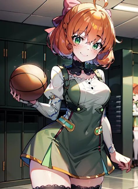 ((best quality)), ((highly detailed)), masterpiece, , (1girl), (solo), Perspective control, cowboy shot, wide shot, <lora:PennyPolendinaV2:1>, Penny Polendina, orange hair, curly hair, green eyes, freckles, doll joints, smiling, short hair, pink bow, gorget, neon trim, gold trim, white blouse, short dress, grey dress, underbust, pencil skirt, black thighhighs, (indoors, at a locker room, metal lockers, stone floor, ((basketball uniform)), (5+girls), (((multiple girls))))
