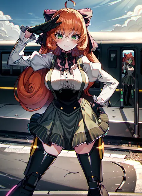 ((best quality)), ((highly detailed)), , <lora:more_details:.3>, (1girl), (solo), full body, (((wide shot))), <lora:PennyPolendinaV2:1>, Penny Polendina, orange hair, curly hair, green eyes, freckles, doll joints, salute, hand on hip, smiling, long hair, black bow, neck ribbon, white blouse, corset, suspender skirt, mechanical legs, (outdoors, at a train station, (3girls), midday, clear weather)