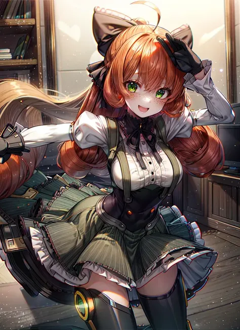((best quality)), ((highly detailed)), extremely detailed face, beautiful face, , <lora:more_details:.4>, (1girl), (solo), different views, dynamic pose, upper body, <lora:hairdetailer:.8>, <lora:PennyPolendinaV2:1>, Penny Polendina, orange hair, curly hair, green eyes, freckles, doll joints,, smiling, :D, long hair, black bow, neck ribbon, white blouse, corset, suspender skirt, mechanical legs, (indoors, at a living room)