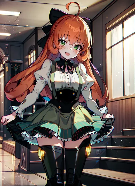 ((best quality)), ((highly detailed)), masterpiece, detailed face, beautiful face, , (1girl), (solo), reflection, sexually suggestive, <lora:PennyPolendinaV2:1>, Penny Polendina, orange hair, curly hair, green eyes, freckles, smiling, :D, long hair, black bow, neck ribbon, white blouse, corset, suspender skirt, mechanical legs, (indoors, on a stairway)