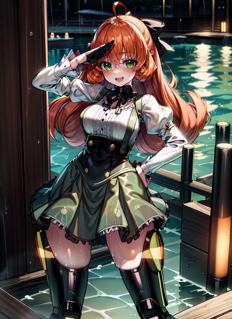 ((best quality)), ((highly detailed)), masterpiece, extremely detailed face, beautiful face, , <lora:more_details:.6>, (1girl), (solo), different views, dynamic pose, cowboy shot, very wide shot, <lora:PennyPolendinaV2:1>, Penny Polendina, orange hair, curly hair, green eyes, freckles, salute, hand on hip, smiling, :D, long hair, black bow, neck ribbon, white blouse, corset, suspender skirt, mechanical legs, (outside, at a lake, partially submerged, wet hair, twilight, shooting star, rain)