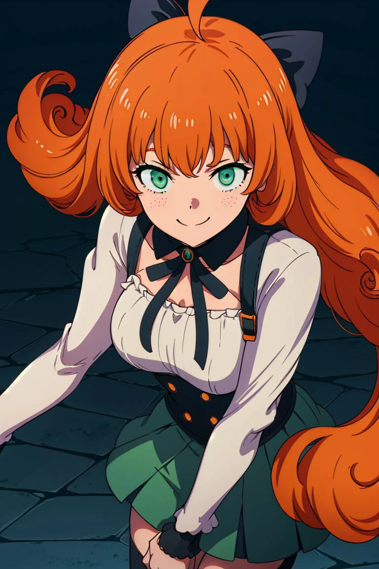 depth of field, blur, gradient background, pennymk2, green eyes, black bow, (power symbol:1.2), black ribbon, black thighhighs, mechanical legs, smile, long hair, white blouse, suspender skirt, corset, orange hair, 8k wallpaper, octane render, cinematic lighting, best quality, highres, absurdres, sharp focus, (8k), (4k), (Best Quality), fantasy, extremely detailed, intricate, hyper detailed, (perfect face), illustration, soft lighting, (specular lighting:1.4), <lora:Char - PennyPolendina:0.8>