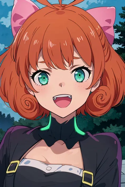 beautiful, detailed face, outdoors, jumping, salute, cheering, trees, blue sky, pennymk1, green eyes, (pink bow:1.2), detached collar, (black thighhighs, neon trim:1.2), (grey:0.8) short dress, white blouse, :D, grin, short hair, orange hair, 8k wallpaper, octane render, cinematic lighting, best quality, highres, absurdres, sharp focus, (8k), (4k), (Best Quality), fantasy, extremely detailed, intricate, hyper detailed, (perfect face), illustration, soft lighting, (specular lighting:1.4), <lora:Char - PennyPolendina:0.8>