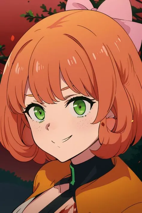 beautiful, detailed face, outdoors, jumping, salute, swinging sword, trees, red sky, blood moon, pennymk1, green eyes, (pink bow:1.2), black trenchcoat, blood splatters, grin, short hair, orange hair, 8k wallpaper, octane render, cinematic lighting, best quality, highres, absurdres, sharp focus, (8k), (4k), (Best Quality), fantasy, extremely detailed, intricate, hyper detailed, (perfect face), illustration, soft lighting, (specular lighting:1.4), <lora:PennyPolendinaAv3:0.8>