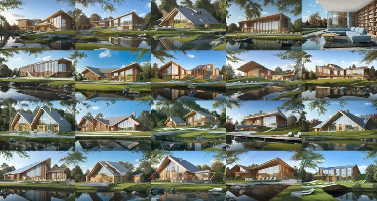 a library with a sofa and book shelves,, (masterpiece),(high quality), best quality, real,(realistic), super detailed, (full detail),(4k),8k,scenery, outdoors,day, house, tree, window, building, grass, blue sky, river, reflection, nature<lora:XSArchi_126:0.6>