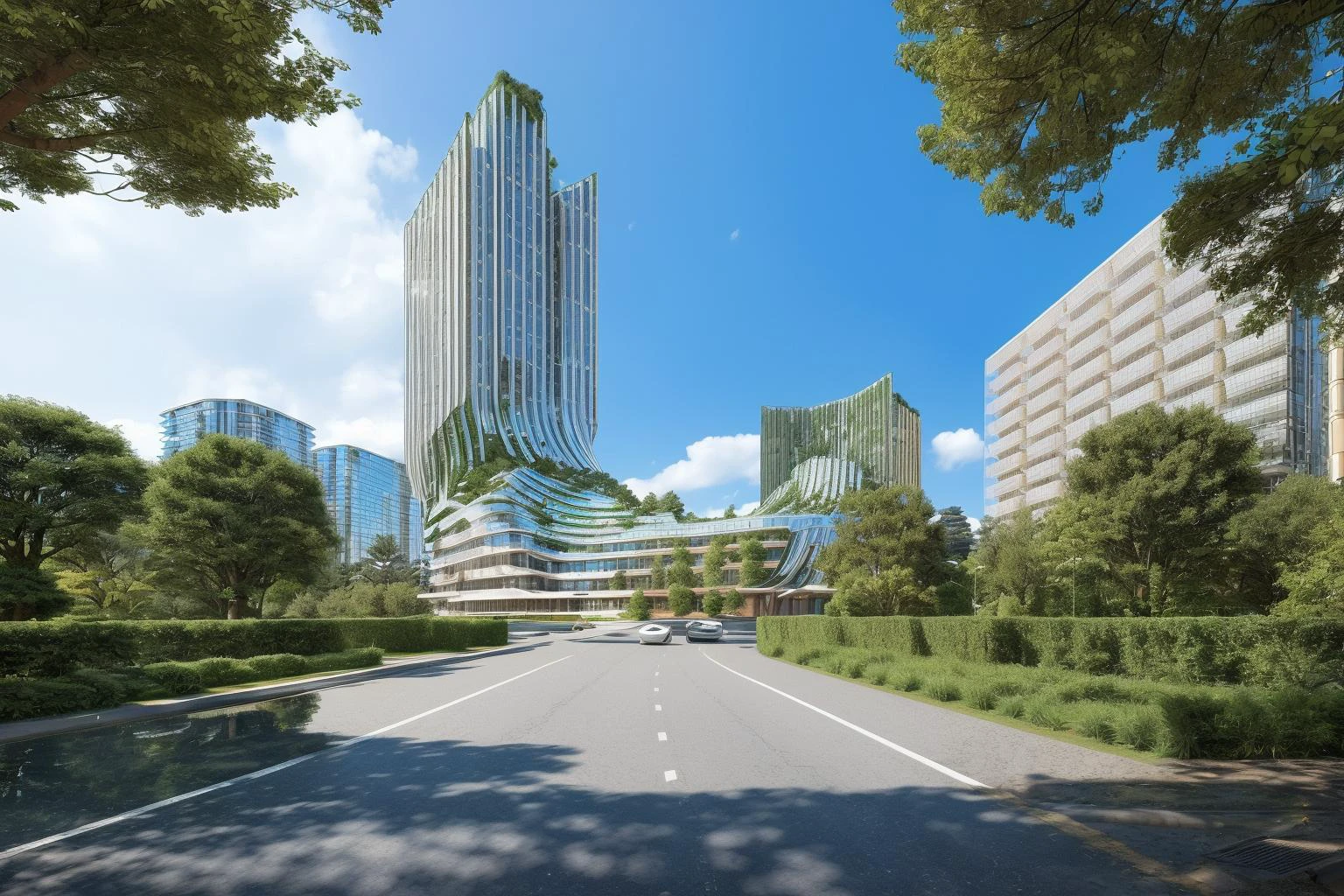 (masterpiece),(high quality), best quality, real,(realistic), super detailed, (full detail),(4k),8k,building,tree,outdoors, road, scenery, street, reflection, sky, day, <lora:XSArchi_126:0.7>