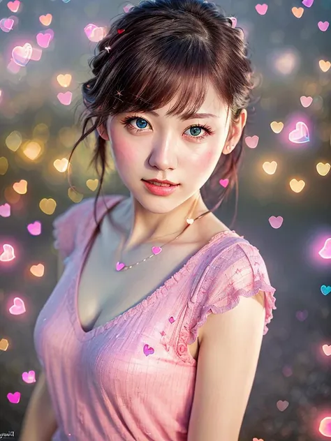 (best quality, masterpiece:1.2),ultra detailed,(photo realistic:1.4),solo,cute girl,upper body,(pink),light_particles,heart_mark,<lora:LoveLoveEffect_v1:0.7>,<lora:KiraKiraEffect_v1:0.5>