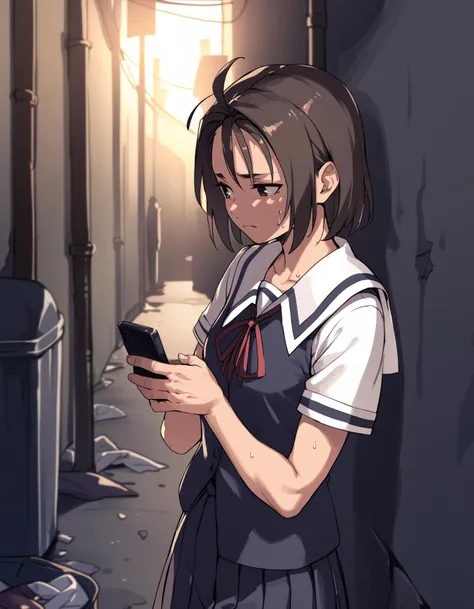 score_9,  score_8_up, score_7_up <lora:kazama-akira-ponyxl-000013:1> rskzm, serafuku, blue vest,
smartphone, looking to the side, nervous sweating, alley, dim lighting, trash, night