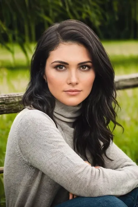 (((Close up head portrait))), ((Wearing a turtleneck sweater)) and ((very distressed jeans)), ((Professional Photo Shoot)), ((in the country next to a river)), ((Sitting on the grass with legs crossed)), smiling, model shoot style, extremely intricate, High Detail, Sharp focus, dramatic, soft cinematic light, (looking at viewer), (Real Eyes), (Detailed Eye Corneas), (detailed pupils), smiling, 24mm, photo lab, elegant, insane details, hyperdetailed, low contrast, epiCRealism, (((SFW)))     <lora:Daniella_Pineda:0.85> daniella