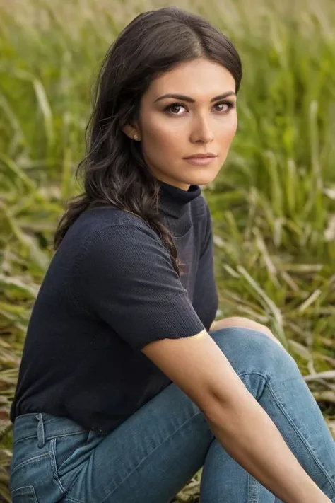 (((Close up head portrait))), ((Wearing a turtleneck sweater)) and ((very distressed jeans)), ((Professional Photo Shoot)), ((in the country next to a river)), ((Sitting on the grass with legs crossed)), smiling, model shoot style, extremely intricate, High Detail, Sharp focus, dramatic, soft cinematic light, (looking at viewer), (Real Eyes), (Detailed Eye Corneas), (detailed pupils), smiling, 24mm, photo lab, elegant, insane details, hyperdetailed, low contrast, epiCRealism, (((SFW))) <lora:Daniella_Pineda:0.85> daniella