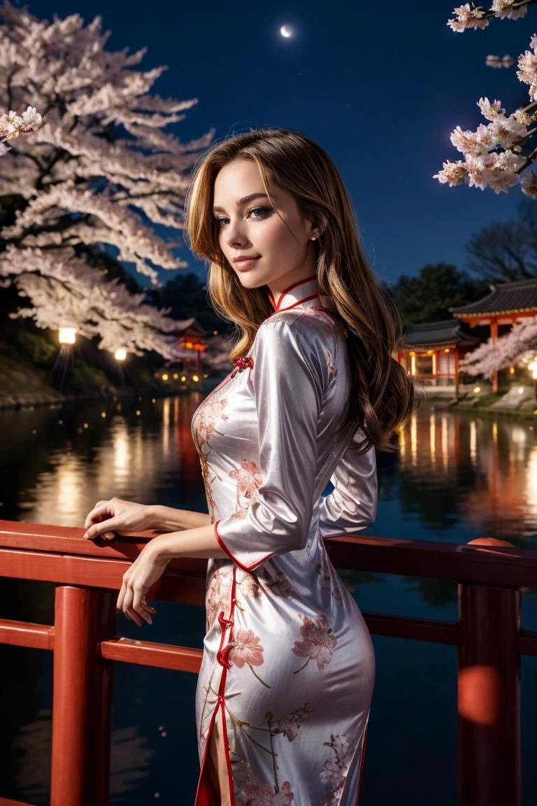 wearing a Cheongsam, shiny silk, floral design, looking at viewer, smirk, happy, medium shot, standing, outside, lake, night torii, fireworks, high quality, masterpiece, (sakura trees, cherry blossom), (paper lanterns, lunar new year) <lora:PerfectFullBreasts-fCV3.5:1.0>, <lora:more_details:0.8>, <lora:GoodHands-vanilla:0.8>, <lora:margotrobbie_v2:0.8> margotrobbie